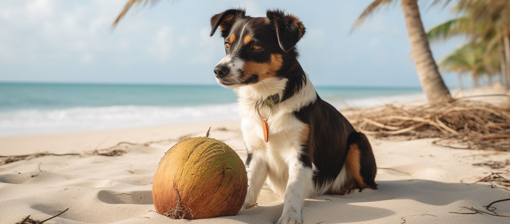 A tricolor dog sits on a sandy beach next to a large coconut, with palm trees and the ocean in the background under a clear sky.