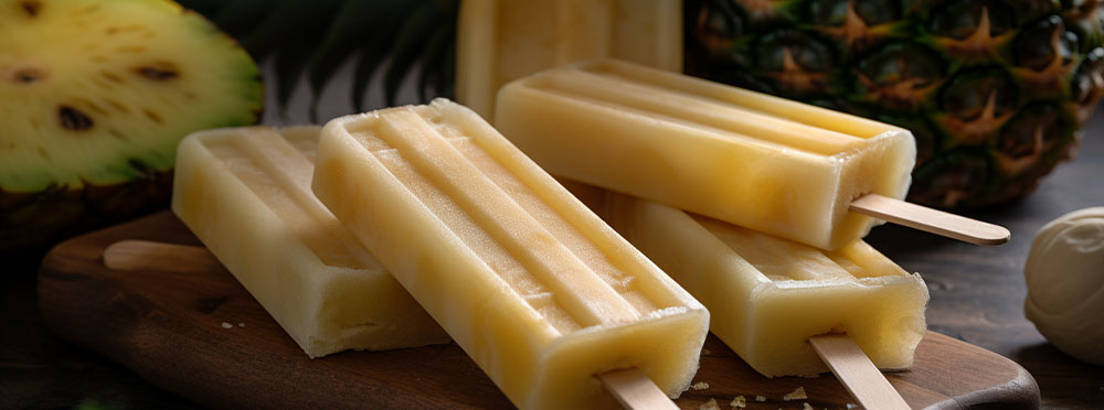 Three pineapple popsicles on a wooden cutting board, with fresh pineapple pieces in the background, all set on a dark wooden table.