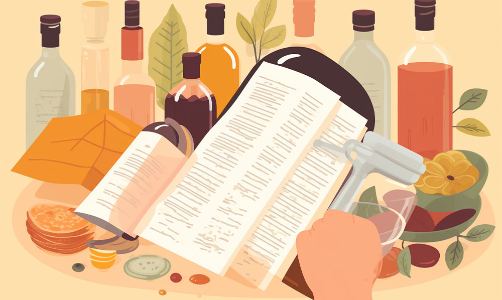 Illustration of a hand holding a corkscrew over an open book, surrounded by various bottles of wine, citrus fruits, leaves, and a cheese slice, using a warm color palette.
