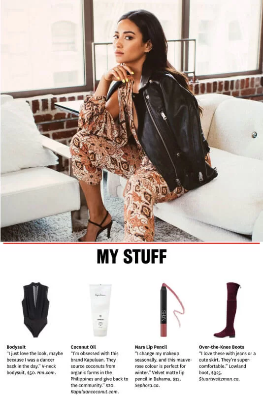 A woman dressed in a paisley dress and leather jacket sits casually on a white couch. below, images of a bodysuit, coconut oil, makeup pencil, and over-the-knee boots with their descriptions and thoughts from people.