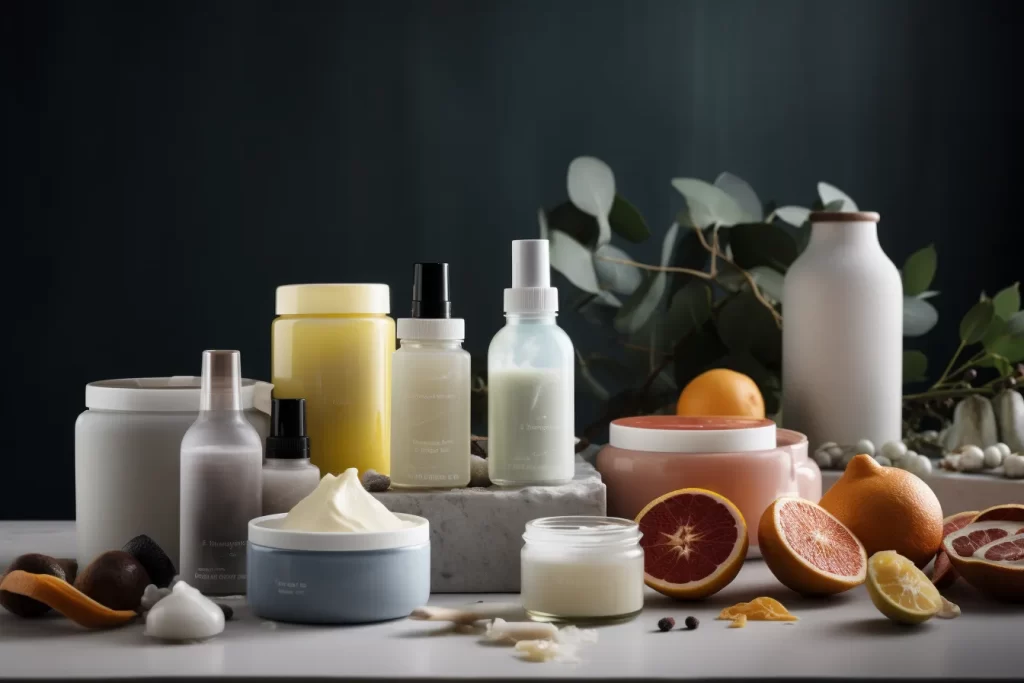 A beautifully arranged display of skincare and cosmetic products on a marble surface, including jars, bottles, and creams. In the background, there are eucalyptus leaves and an assortment of fresh citrus fruits, such as oranges and grapefruits.