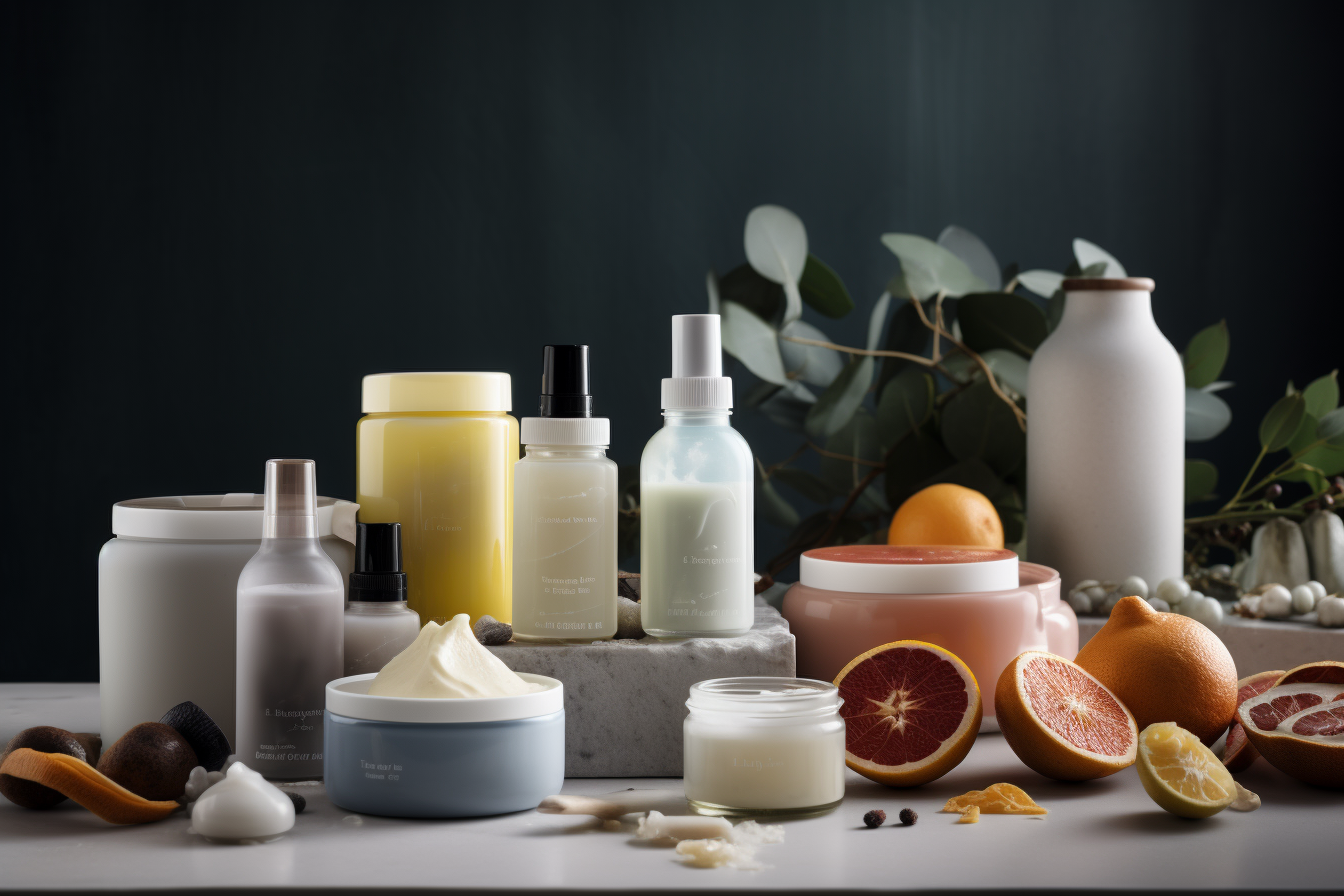 Variety of skincare products arranged on a table with natural ingredients like citrus fruits and nuts, against a dark background.