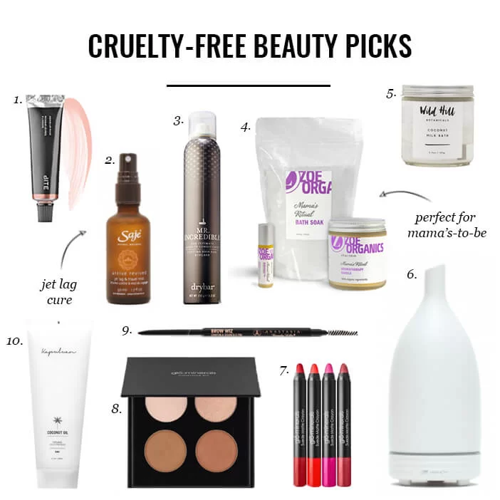 A collage of cruelty-free beauty products, featuring skin care items, cosmetics like lip crayons and mascara, and a pregnancy-friendly bath soak, all labeled with numbers 1 through 10.