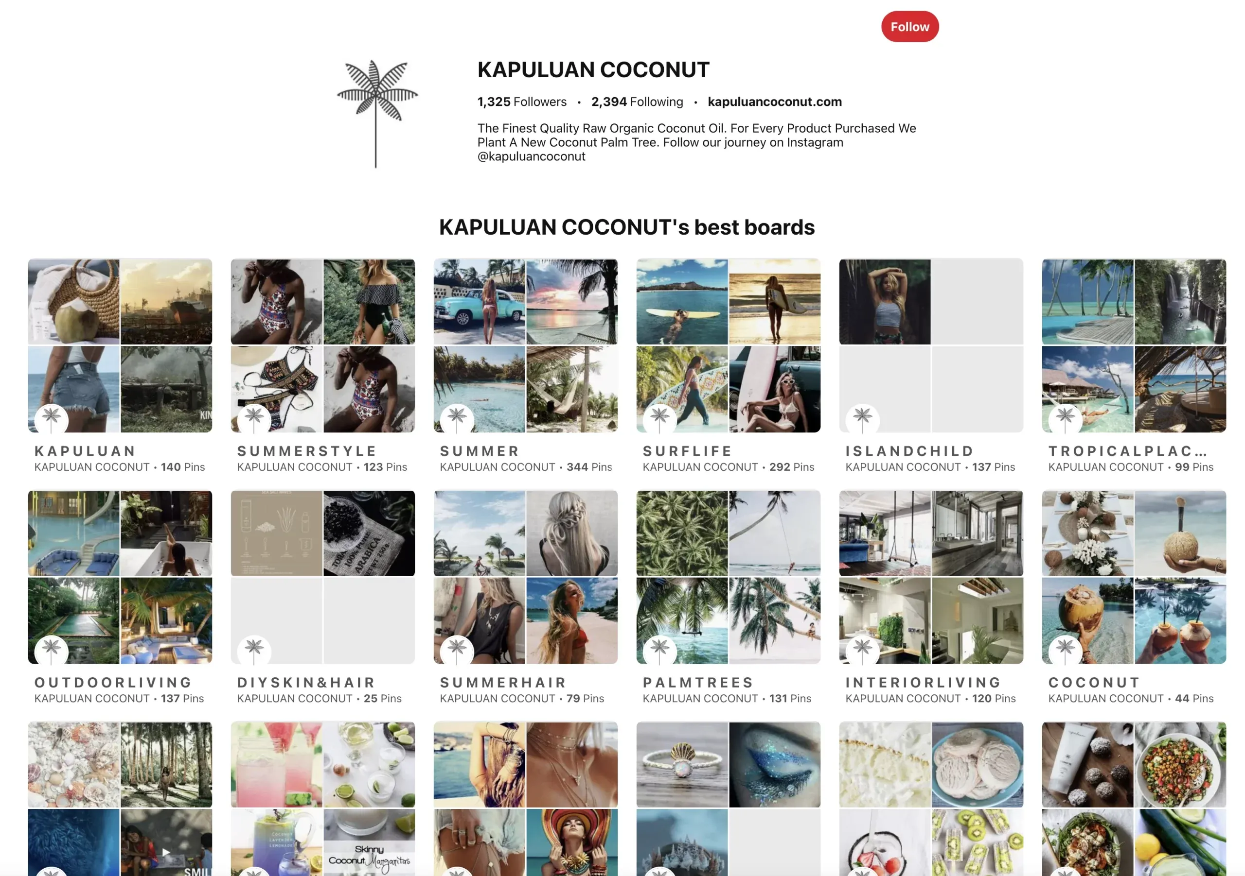 Screenshot of a Pinterest profile for "KAPULUAN COCONUT" featuring various boards with coconut-related themes. The page shows an account with 1,325 followers and 2,934 following. Each board is filled with images focused on different coconut and tropical lifestyle themes.