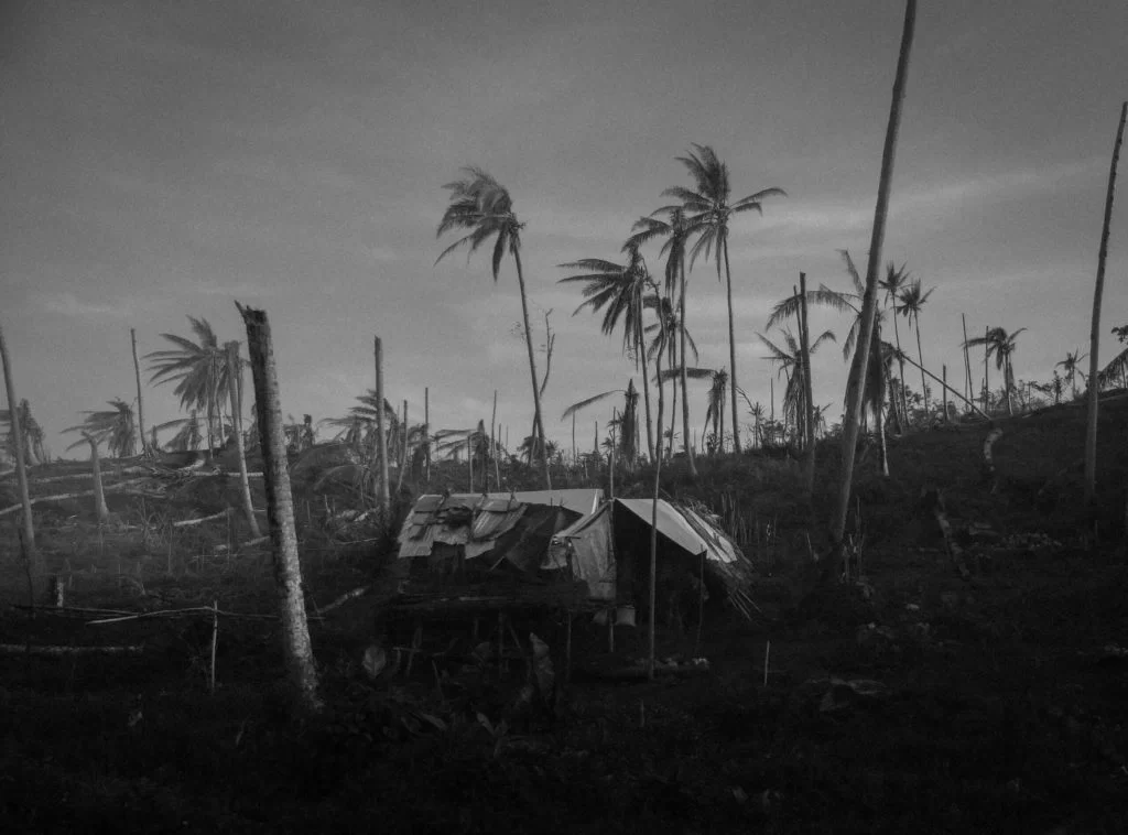 A somber black and white image showing a devastated landscape with damaged trees and a dilapidated hut under a dark sky, conveying the aftermath of a severe storm or natural disaster.