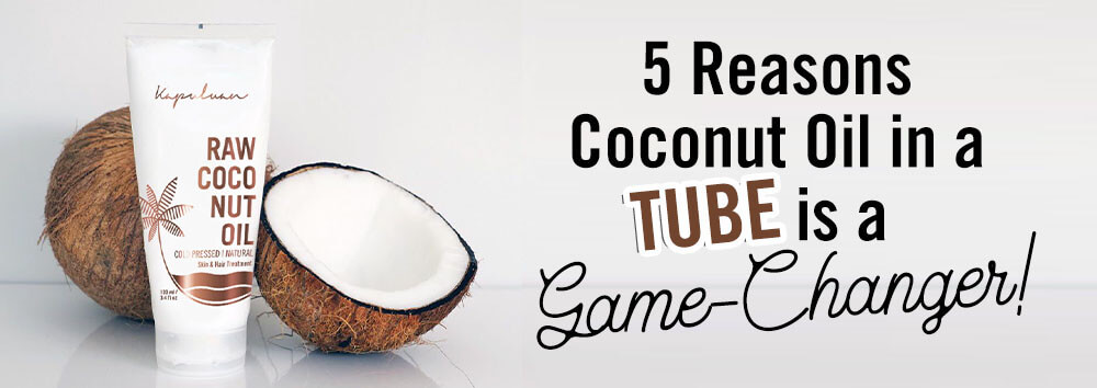 A promotional image featuring a tube of coconut oil branded "raw coco nut oil" with a split coconut beside it, and text stating "5 reasons coconut oil in a tube is a game-changer!" on a light background.