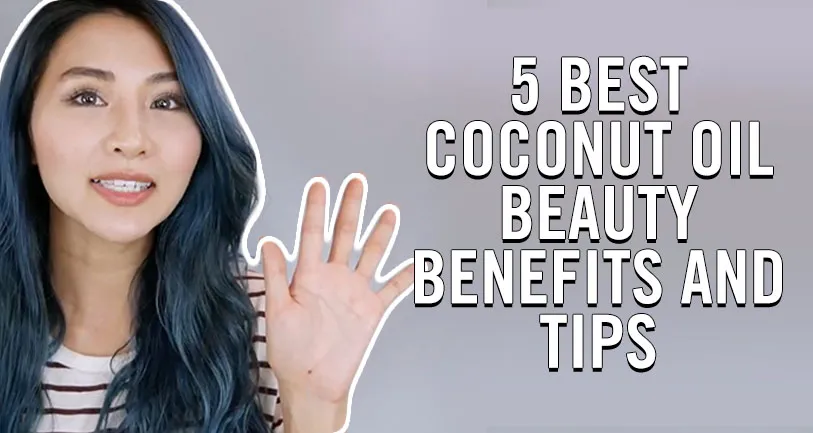 A person with long, wavy, dark hair is holding up their hand. They are smiling and looking at the camera. The background has the text "5 Best Coconut Oil Beauty Benefits and Tips" in large, bold letters. The person is wearing a striped shirt.