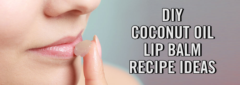 Close-up of a woman applying coconut oil lip balm on her lips, with text "diy coconut oil lip balm recipe ideas" overlaid on a teal background.