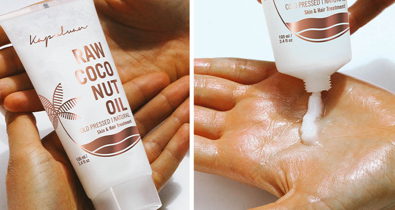 Two images show a tube of 'raw coco nut oil'. the left image displays someone holding the tube, while the right image shows the oil being squeezed onto a palm.