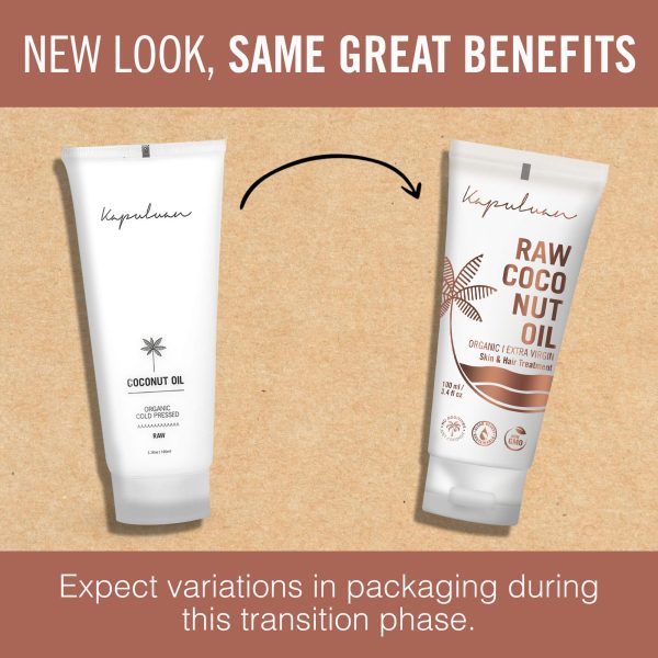 Two products labeled "Kapuluan" are displayed. On the left is a white tube labeled "Coconut Oil," while on the right is a newly designed brown and white tube labeled "Cold-Pressed Raw Coconut Oil." The text above reads: "New Look, Same Great Benefits.