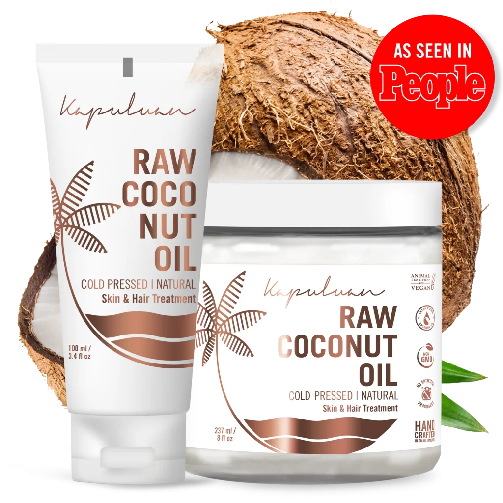 Image of two Cold-Pressed Raw Coconut Oil products, one in a 100 ml tube and another in a 237 ml jar. Both feature similar designs with palm leaf illustrations. A whole coconut is positioned in the background, and a red “As Seen in People” badge is displayed in the upper corner.