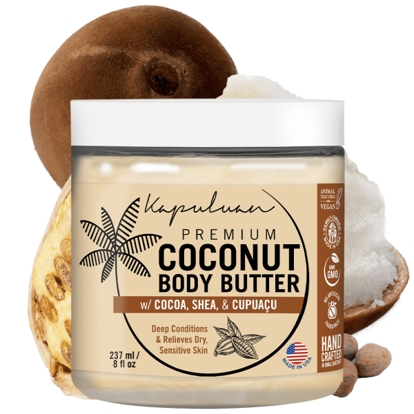 A jar of Body Butter w/ Cupuaçu & Murumuru includes cocoa and shea, ideal for dry, sensitive skin. It's non-GMO, vegan, cruelty-free, handcrafted in the USA, with a focus on natural ingredients.