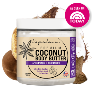 A jar of Body Butter w/ Cupuaçu & Murumuru by Kapuluan, known for its moisturizing properties. The vegan, cruelty-free label is set against coconut and cupuaçu fruits backdrop, with a pink circle highlighting its TV feature.