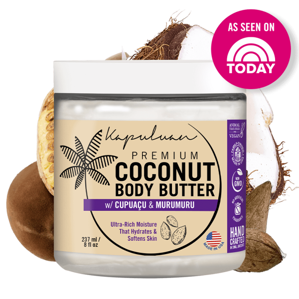 A jar of Body Butter w/ Cupuaçu & Murumuru by Kapuluan, known for its moisturizing properties. The vegan, cruelty-free label is set against coconut and cupuaçu fruits backdrop, with a pink circle highlighting its TV feature.