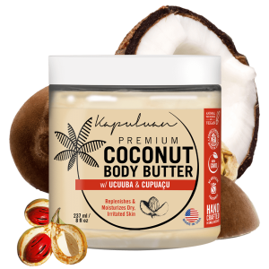 A jar of Body Butter with Cupuaçu & Murumuru, featuring illustrations of coconut and seeds. The label highlights moisturizing benefits, vegan, non-GMO, and handcrafted features. 237 ml (8 fl oz).