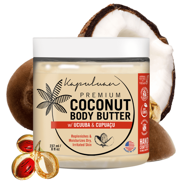 A jar of Body Butter with Cupuaçu & Murumuru, featuring illustrations of coconut and seeds. The label highlights moisturizing benefits, vegan, non-GMO, and handcrafted features. 237 ml (8 fl oz).