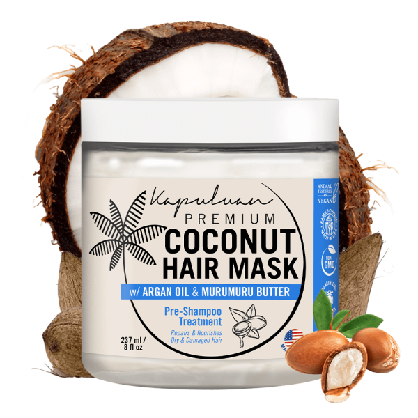 A jar of Coconut Hair Food w/ Shea and Babassu for pre-shampoo treatment comes in an 8 fl oz container, featuring a background with a coconut and murumuru seeds, along with various certifications.