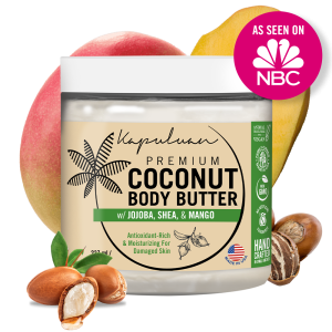 A jar of Body Butter with Jojoba Oil, Shea, and Mango by Kapuluan, featuring illustrations of mangoes and shea nuts. The packaging includes a badge stating "As Seen on NBC" and highlights features such as "antioxidant-rich" and "handcrafted in small batches.