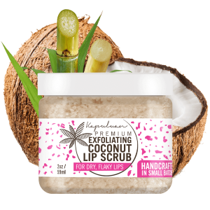 The Exfoliating Coconut Lip Scrub, with its pink label, is showcased alongside a halved coconut and sugarcane piece, highlighting its natural and handcrafted appeal for treating dry, flaky lips.