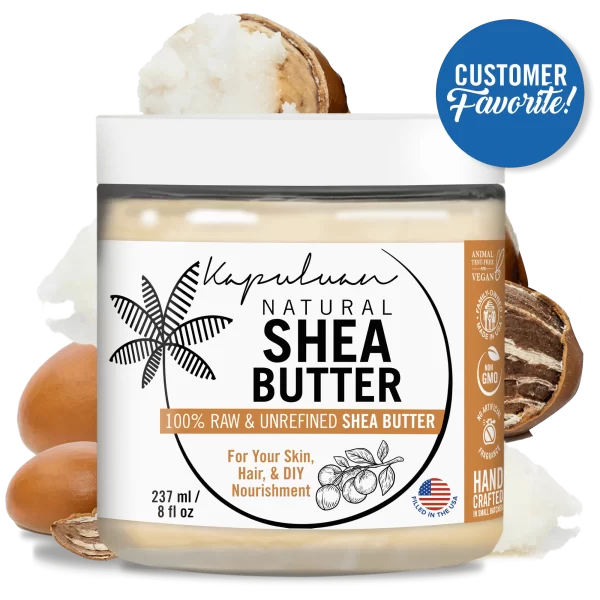 Image of a jar of Natural Shea Butter. The label emphasizes that it is 100% raw and unrefined, suitable for skin, hair, and DIY nourishment. The product is vegan, non-GMO, and handcrafted. A blue badge states "Customer Favorite!" The jar has a capacity of 237 ml (8 fl oz).