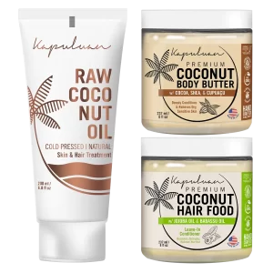 Image showing the Kapuluan Best Sellers Collection: a 200ml white tube labeled "RAW COCONUT OIL: Cold Pressed | Natural Skin & Hair Treatment," a jar labeled "Premium Coconut Body Butter with Cocoa, Shea & Cupuaçu" and a jar labeled "Premium Coconut Hair Food with Jojoba Oil & Babassu Oil.