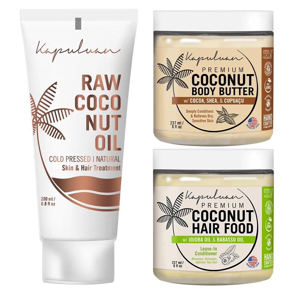 Image showing the Kapuluan Best Sellers Collection: a 200ml white tube labeled "RAW COCONUT OIL: Cold Pressed | Natural Skin & Hair Treatment," a jar labeled "Premium Coconut Body Butter with Cocoa, Shea & Cupuaçu" and a jar labeled "Premium Coconut Hair Food with Jojoba Oil & Babassu Oil.