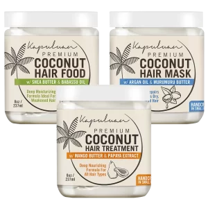 Three containers of Hair Repair Collection featuring natural ingredients such as shea butter, coconut, murumuru butter, mango butter, and papaya extract for deep moisturizing and nourishment of hair.