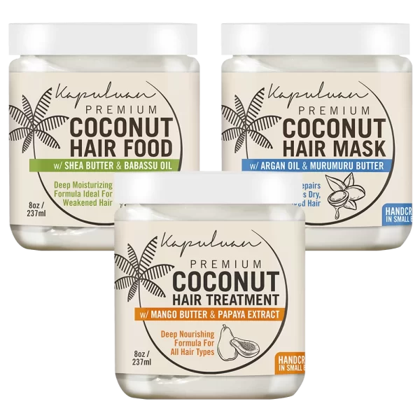 Three containers of Hair Repair Collection featuring natural ingredients such as shea butter, coconut, murumuru butter, mango butter, and papaya extract for deep moisturizing and nourishment of hair.