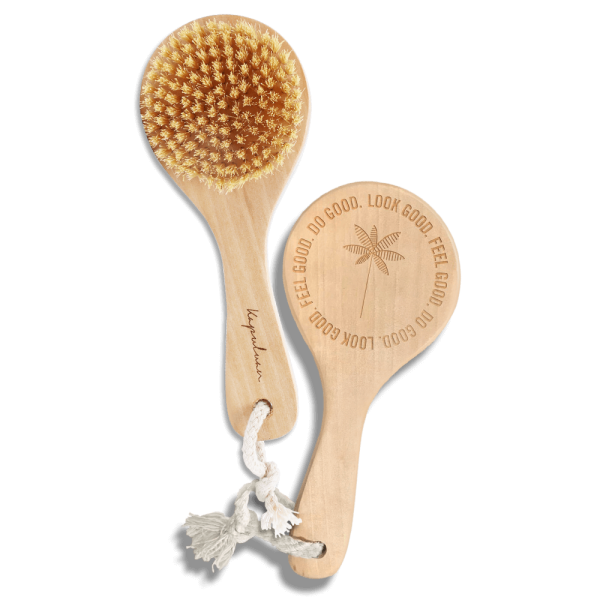 Two Vegan Sisal Dry Body Brushes, each with palm tree engravings. One features soft bristles, and the other displays "LOOK GOOD, FEEL GOOD, DO GOOD." Both have a white rope attached to their handles.