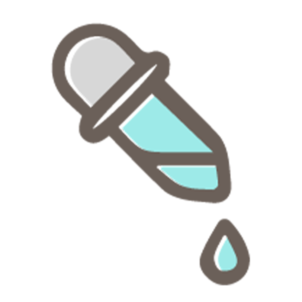 Image of an eyedropper icon with a blue-green section in the middle and a blue-green drop falling from the tip. The upper part of the dropper is gray, and the background is transparent. The design is simple and flat.
