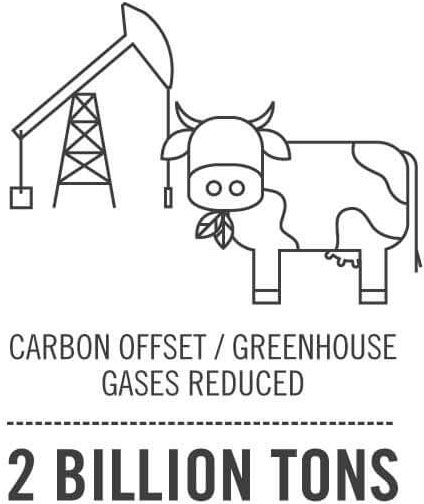 An iconographic representation of carbon offset initiatives highlighting a reduction of 2 billion tons in greenhouse gases, with symbols of an oil rig, a cow, and a coconut suggesting industry, agricultural, and natural