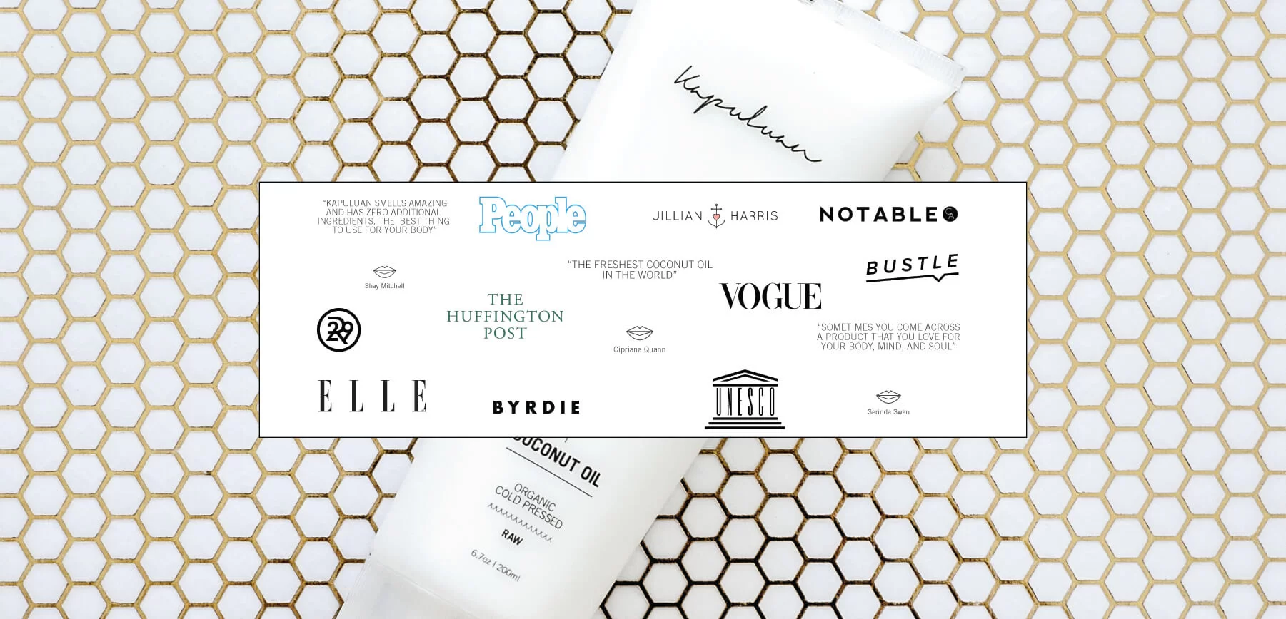 A collection of beauty product accolades from prestigious publications displayed alongside a sleek tube on a stylish coconut hexagon-patterned background.