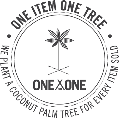 A black and white logo promoting environmental responsibility, featuring the text "one item one tree", "we plant a coconut tree for every item sold", and "onexone", encircling an illustration