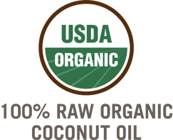 Label with the text "organic" displayed on a green, leaf-shaped background with a brown circular backdrop adorned with coconut, indicating a product's organic certification or organic nature.