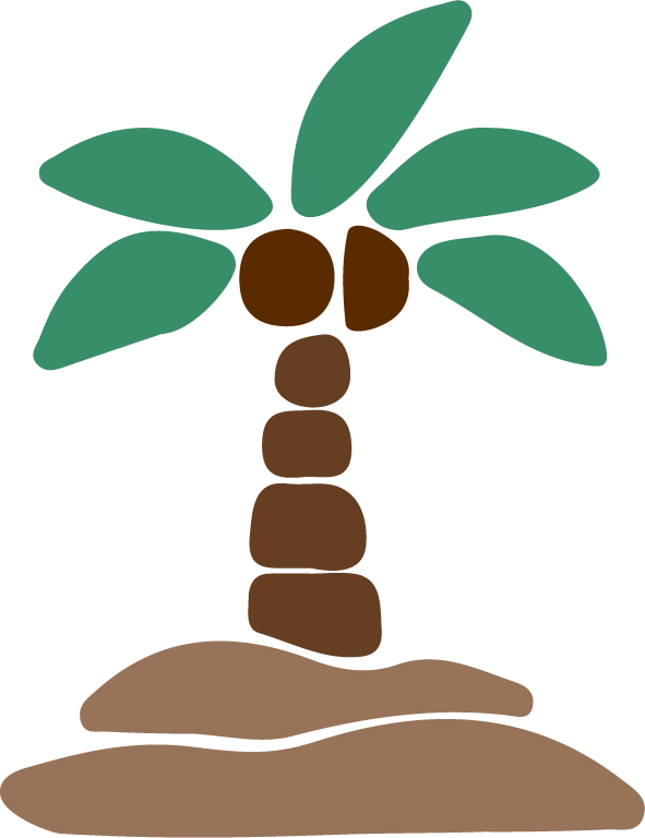Simplified illustration of a palm tree with brown trunk, green fronds, and coconuts on a beige background, evoking tropical vibes.