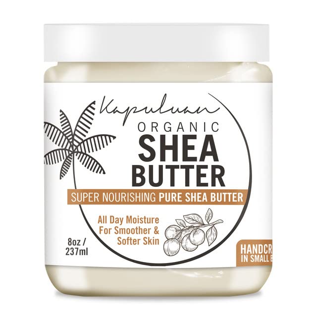 A jar of Kapuluan organic coconut and shea butter with a label that highlights it as super nourishing pure shea butter for all-day moisture, promoting smoother and softer skin. The packaging suggests