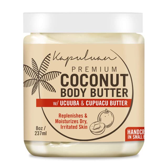 A jar of premium coconut body butter with cupuacu and ucuuba butter, formulated to replenish and moisturize dry, irritated skin, 8 ounces (237 ml) - handmade in
