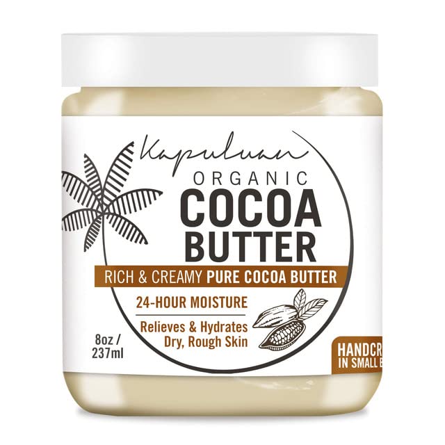 Jar of organic coconut cocoa butter cream, marketed as rich and creamy with 24-hour moisture benefits for relieving and hydrating dry, rough skin.