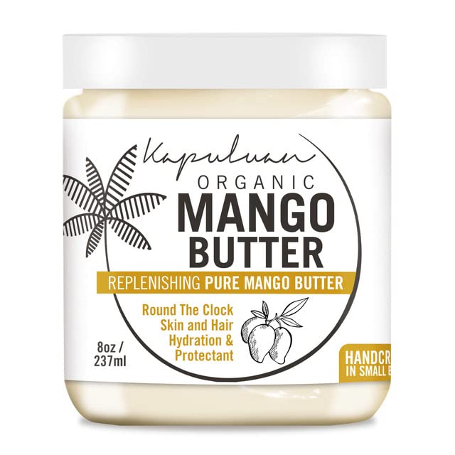 A jar of Kapuluan organic coconut and mango butter labeled for replenishing skin and hair, offering round-the-clock hydration and protection, in an 8 oz (237 ml) container, handcrafted