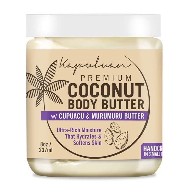 A jar of "kapuluan coconut body butter" with cupuacu and murumuru butter, an ultra-rich moisturizer that hydrates and softens skin, handcrafted in small batches