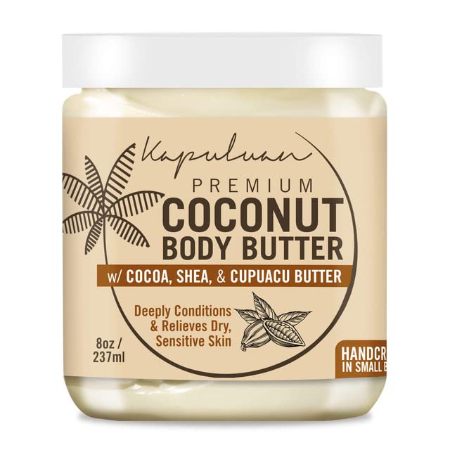 Jar of kapuluan coconut premium body butter with cocoa, shea, and cupuacu butter, for deeply conditioning and relieving dry, sensitive coconut skin.