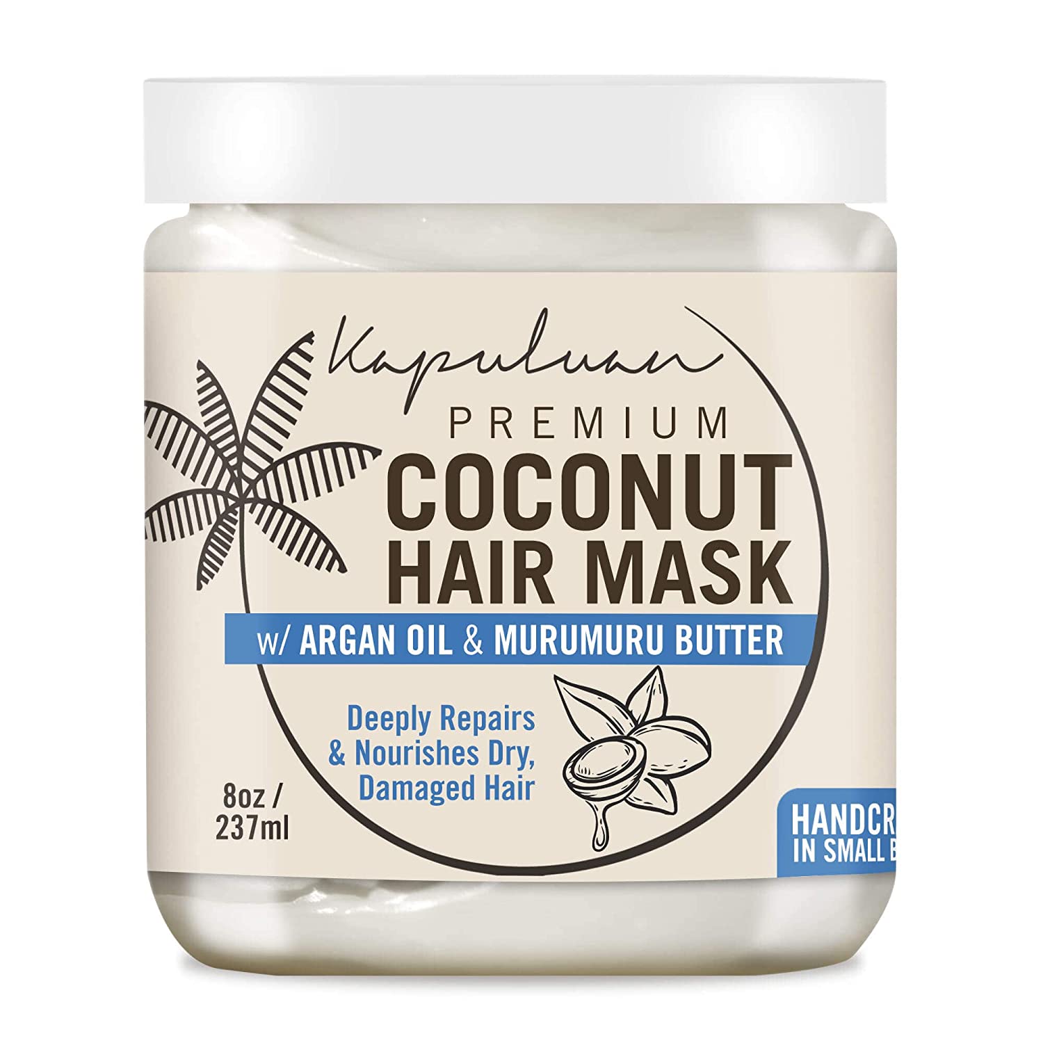 A jar of kapuluan premium coconut hair mask with argan oil and murumuru butter, designed to deeply repair and nourish dry, damaged hair. (8 oz / 237 ml).