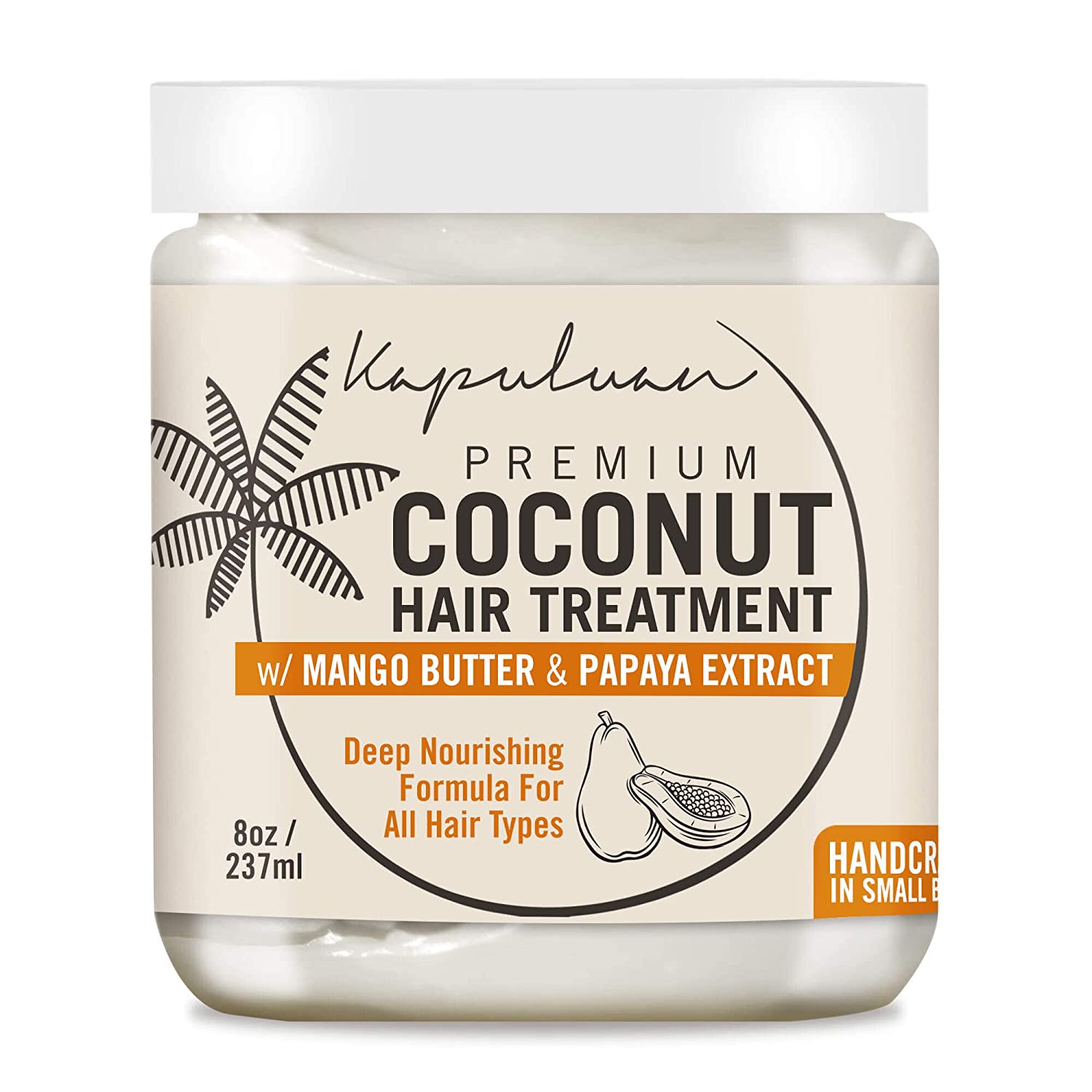 A jar of premium coconut hair treatment with mango butter and papaya extract, 8 ounces, boasting deep nourishment for all hair types.