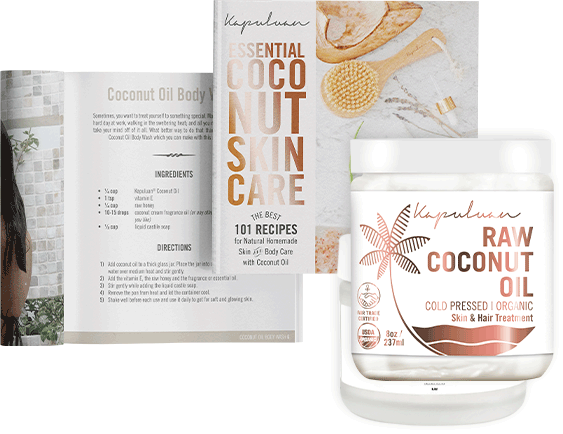 A collection of coconut oil skincare products and a recipe book for homemade skin care treatments featuring raw coconut oil.