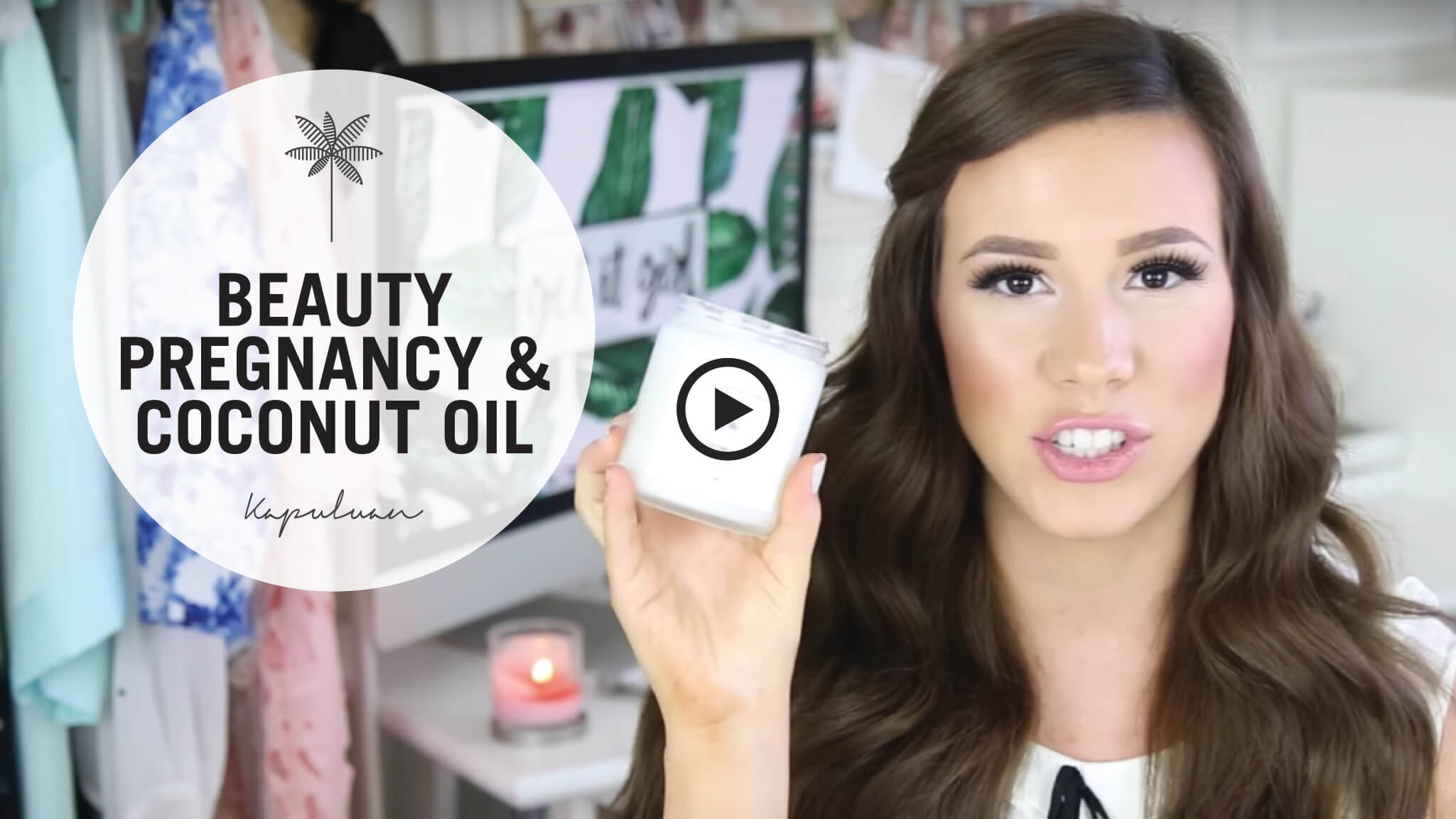 A woman presenting a coconut product in a beauty and wellness video, discussing the topic of "beauty, pregnancy & coconut oil.