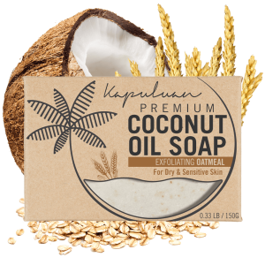 The box of Coconut Oil Soap with Exfoliating Oatmeal sits in front of a split coconut and wheat stalks, surrounded by scattered oatmeal flakes. Designed for dry and sensitive skin, the packaging showcases a palm tree illustration.