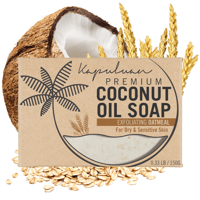 The box of Coconut Oil Soap with Exfoliating Oatmeal sits in front of a split coconut and wheat stalks, surrounded by scattered oatmeal flakes. Designed for dry and sensitive skin, the packaging showcases a palm tree illustration.