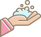 Hand hygiene icon: a hand with coconut-scented soap bubbles, signifying the importance of washing hands for cleanliness and health.