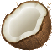 An illustration of a halved coconut, revealing the white flesh inside surrounded by its brown, fibrous husk.