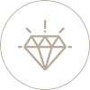 Icon of a diamond with light rays above, symbolizing brilliance, luxury, or high quality, enclosed in a coconut-shaped circular outline.